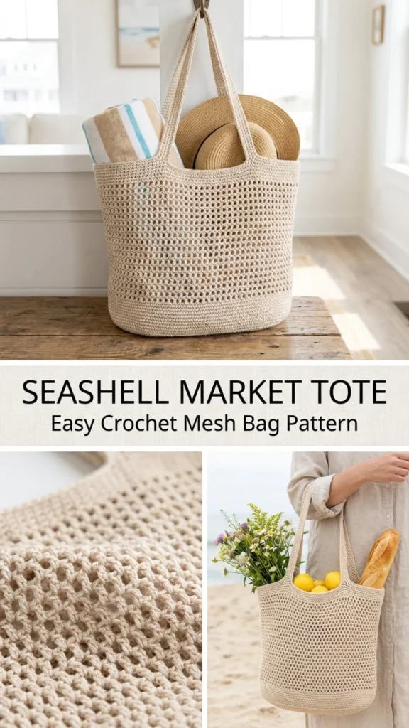 Stylish Seashell Market Tote for beach trips and shopping.