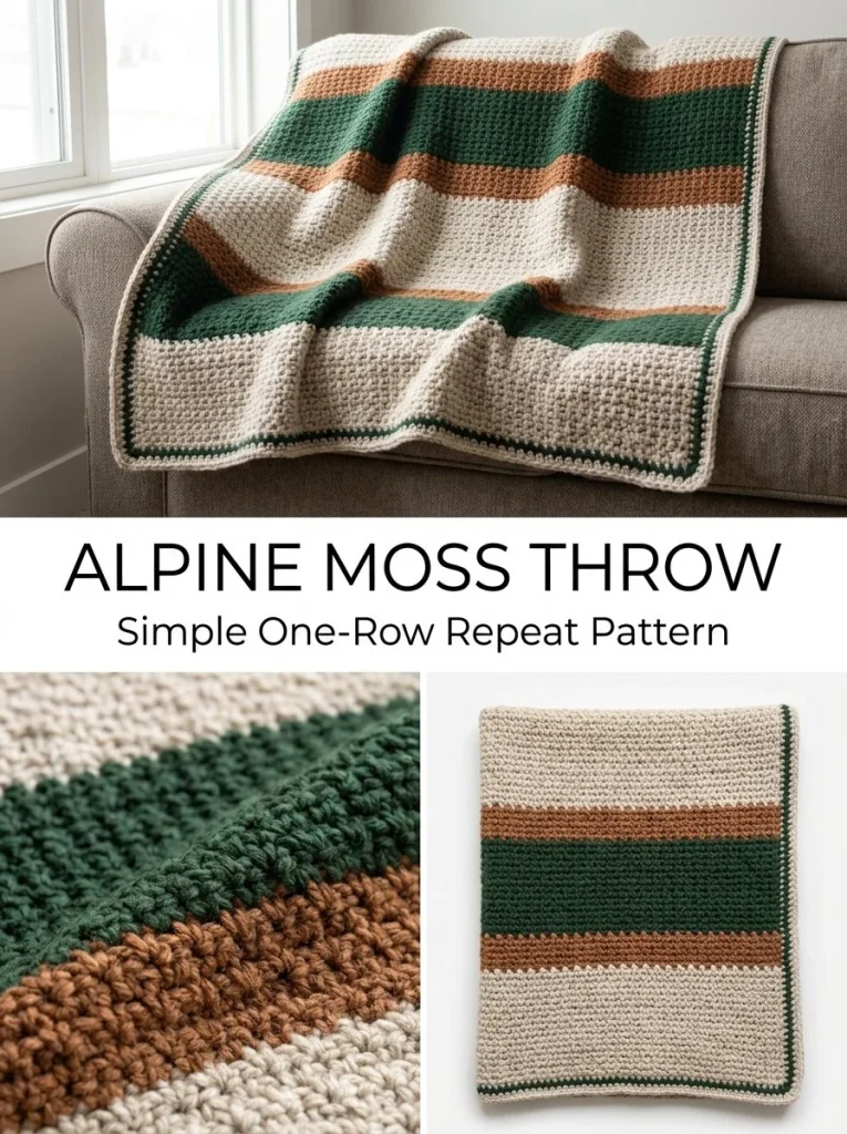 Alpine Moss One-Row Repeat Throw blanket in a cozy living room setting.