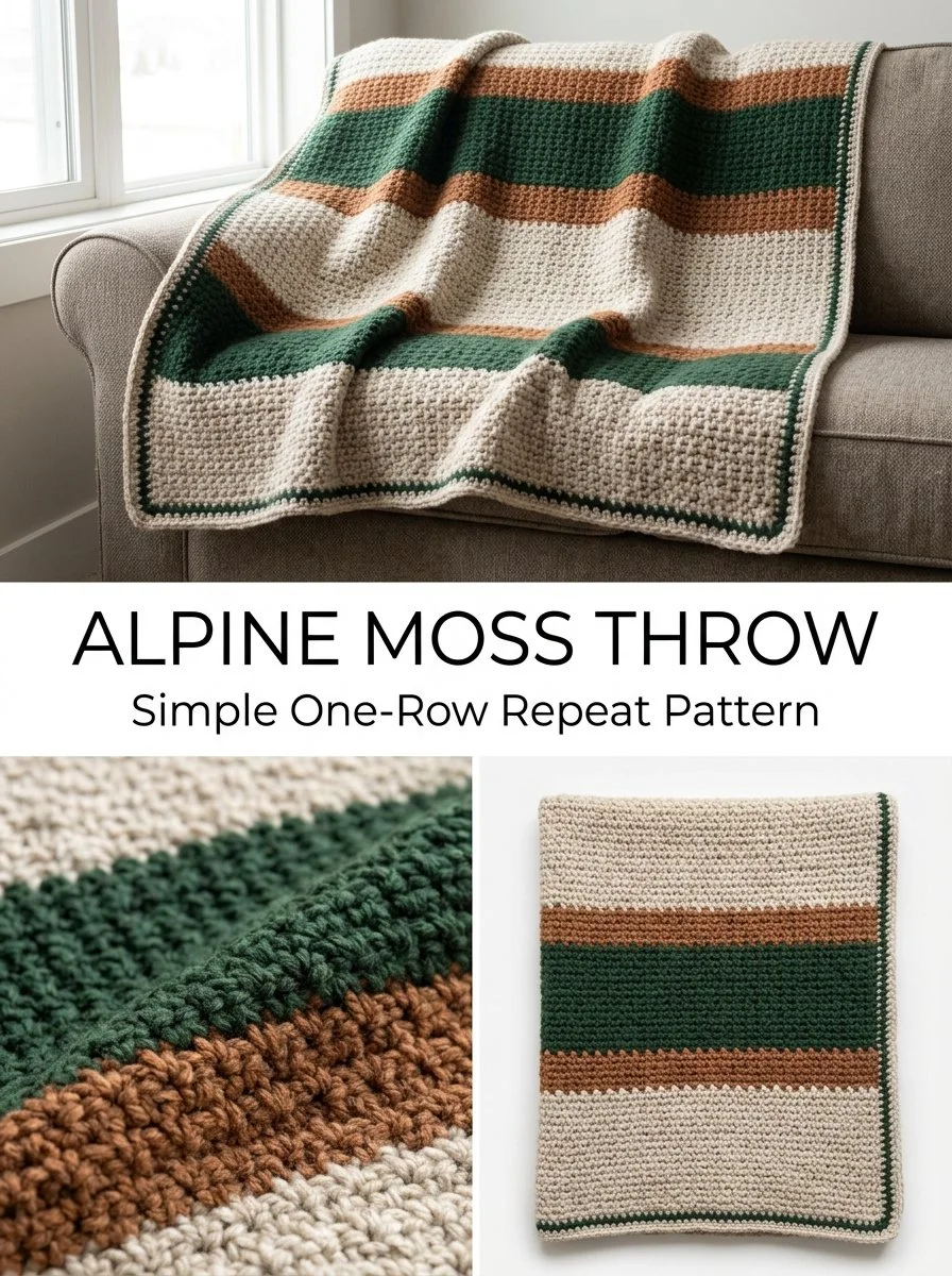 Alpine Moss One-Row Repeat Throw blanket in a cozy living room setting.