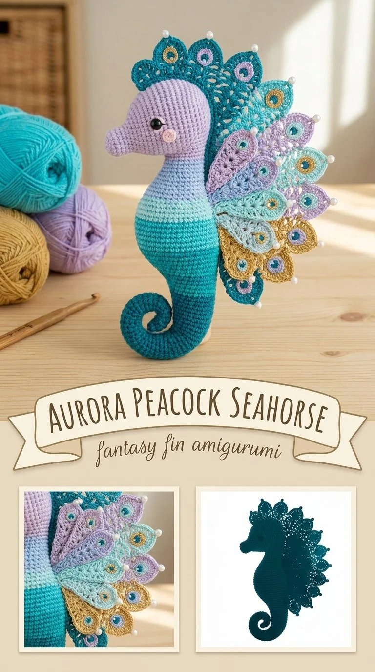 Vibrant Aurora Peacock Seahorse Amigurumi handmade toy