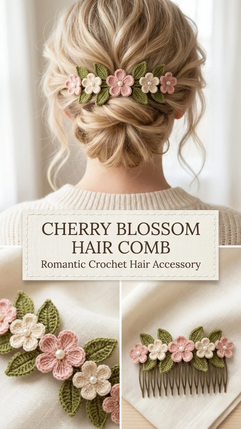 Cherry Blossom Crochet hair comb pattern suitable for beginners