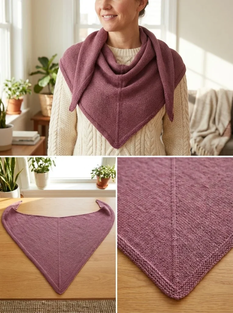 Beginner triangle scarf draped over a shoulder, showcasing craftsmanship.