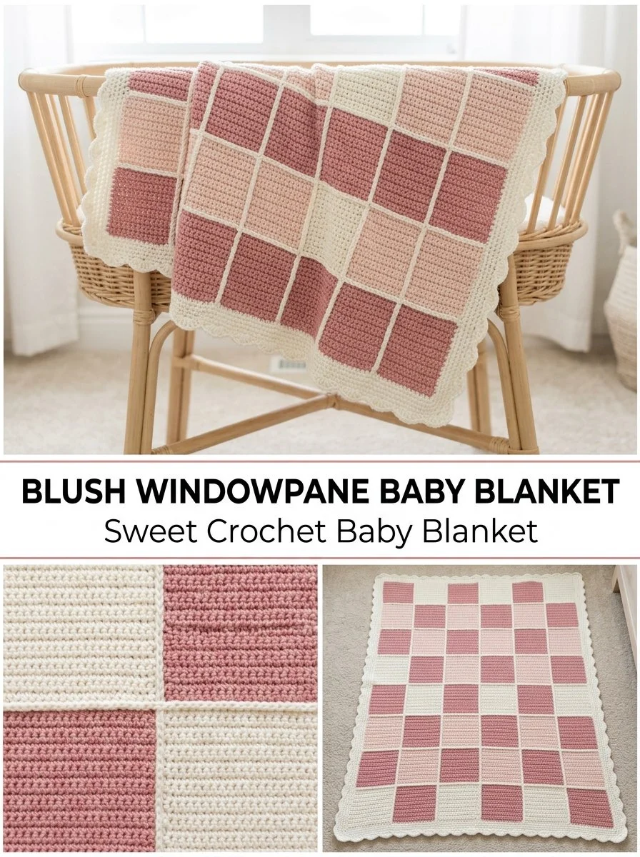 Blush Windowpane Baby Blanket for infants, stylish and cozy nursery accessory.