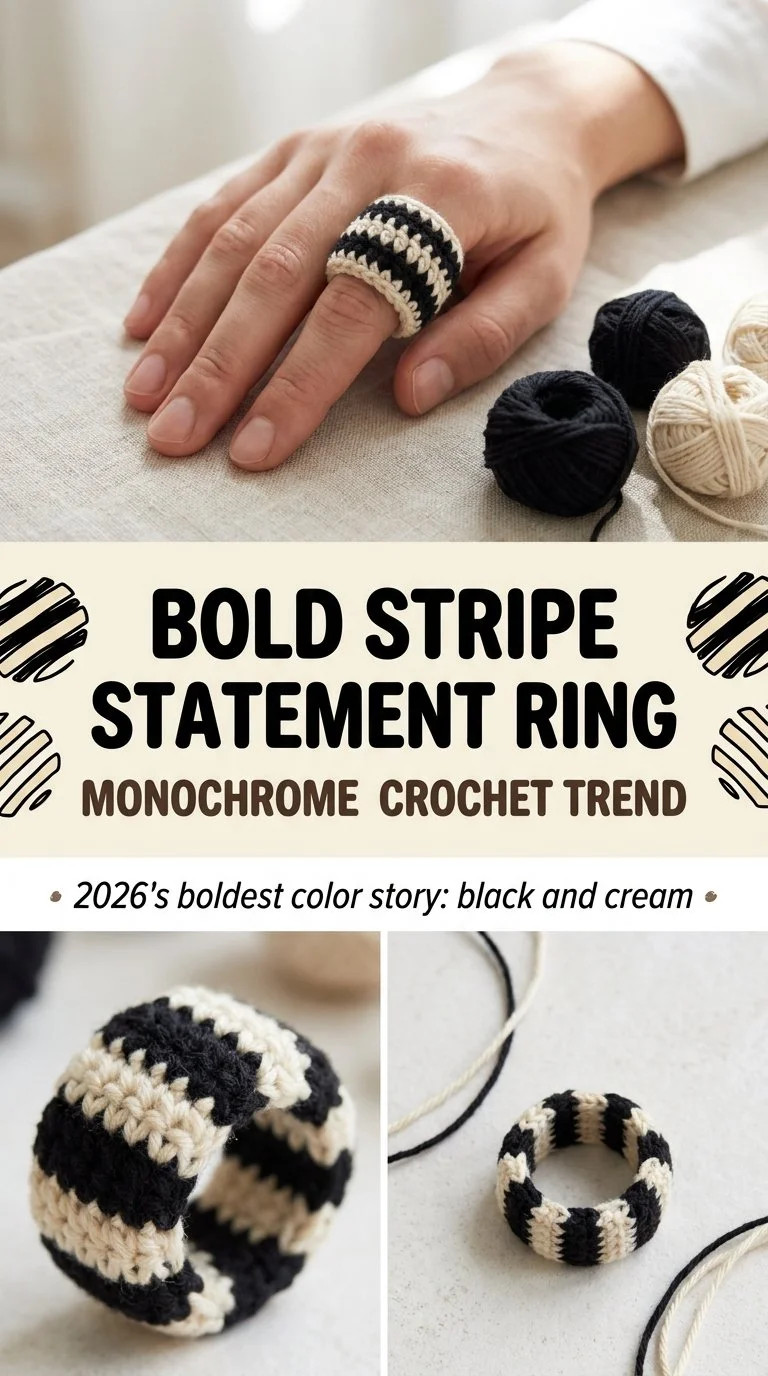 Bold Stripe Chunky Statement Ring with Monochrome Crochet Pattern