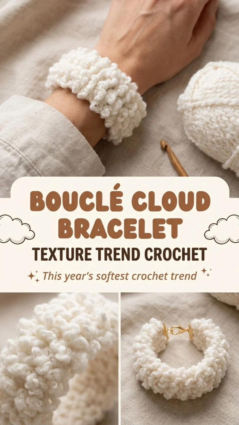 Chunky Bouclé Cloud Bracelet with soft crochet pattern and unique texture.