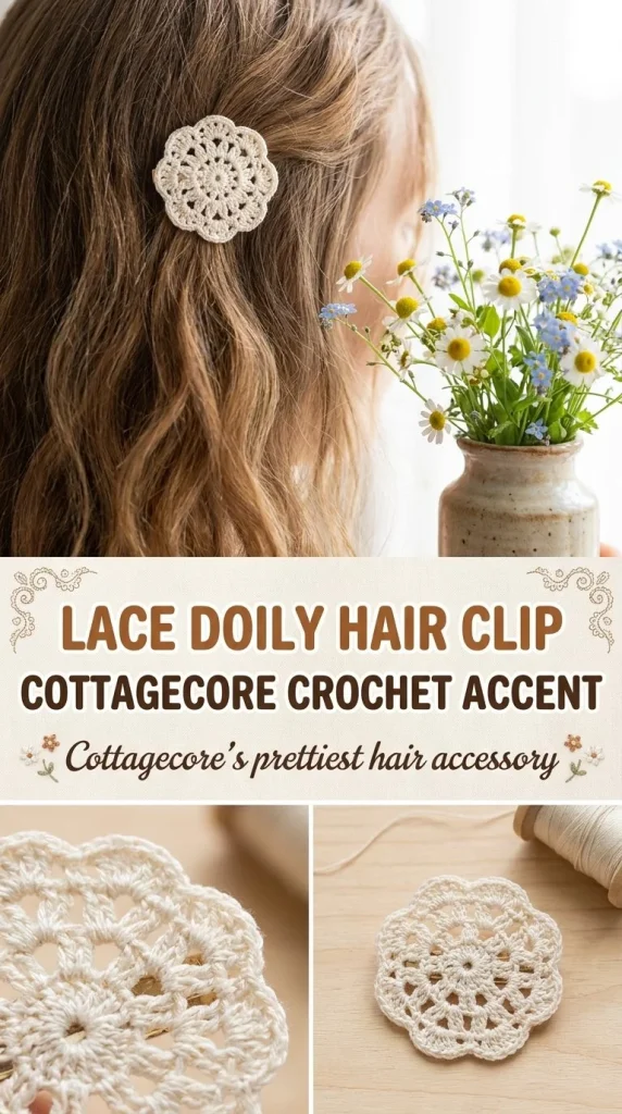 Cottagecore lace mini doily hair clip with delicate crochet pattern