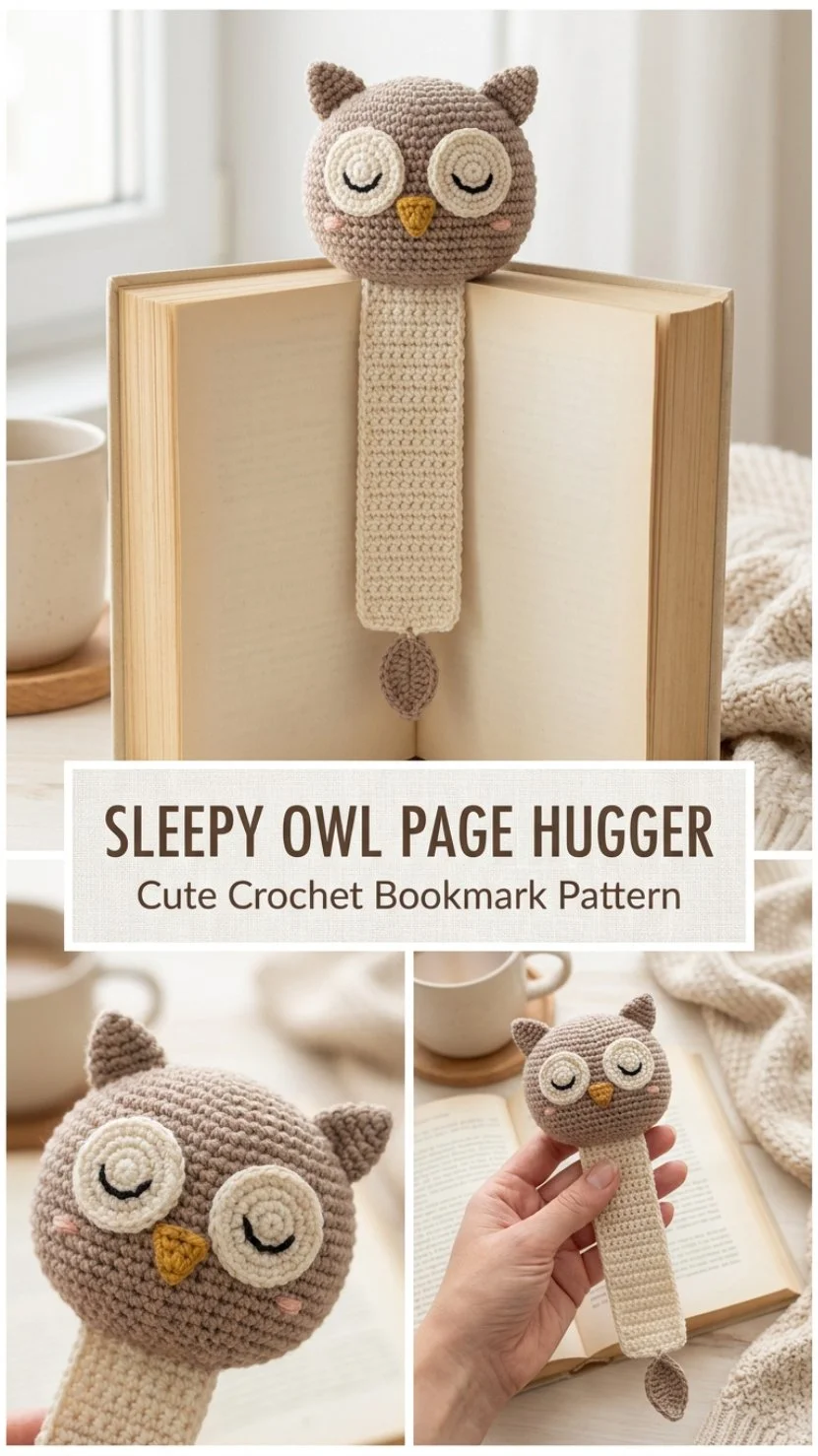 Crochet cozy owl bookmark pattern for beginners with colorful yarn.