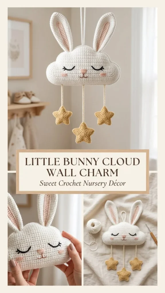 Crochet bunny on a cloud wall charm for nursery decor