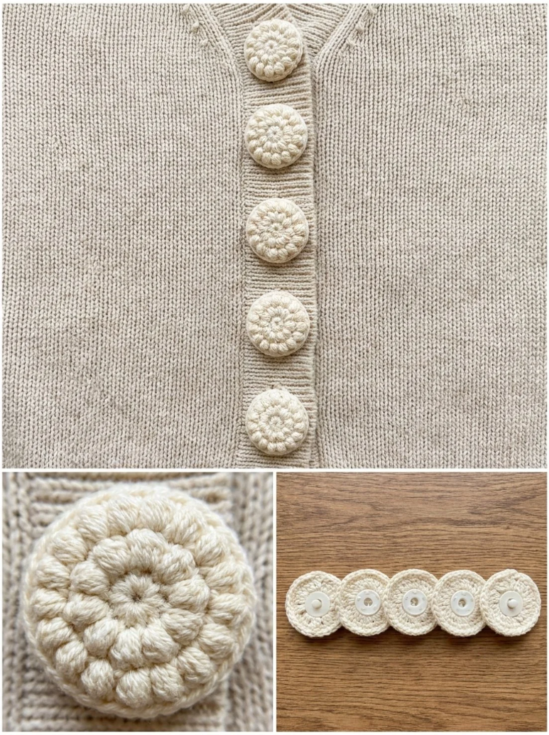 Crochet button covers in various colors and designs for stylish accenting.