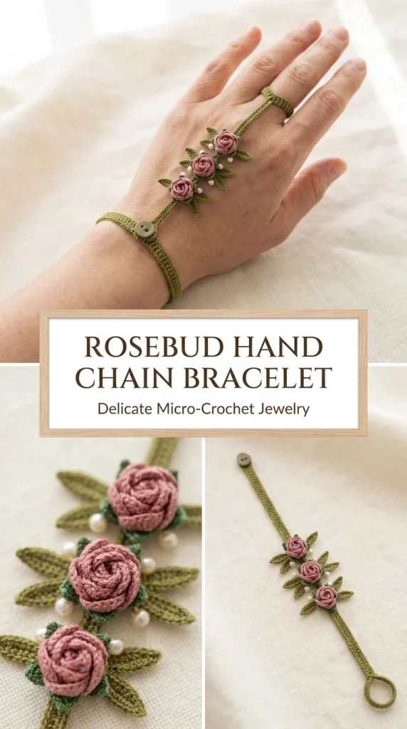 Crochet Rosebud Hand Chain Bracelet pattern design