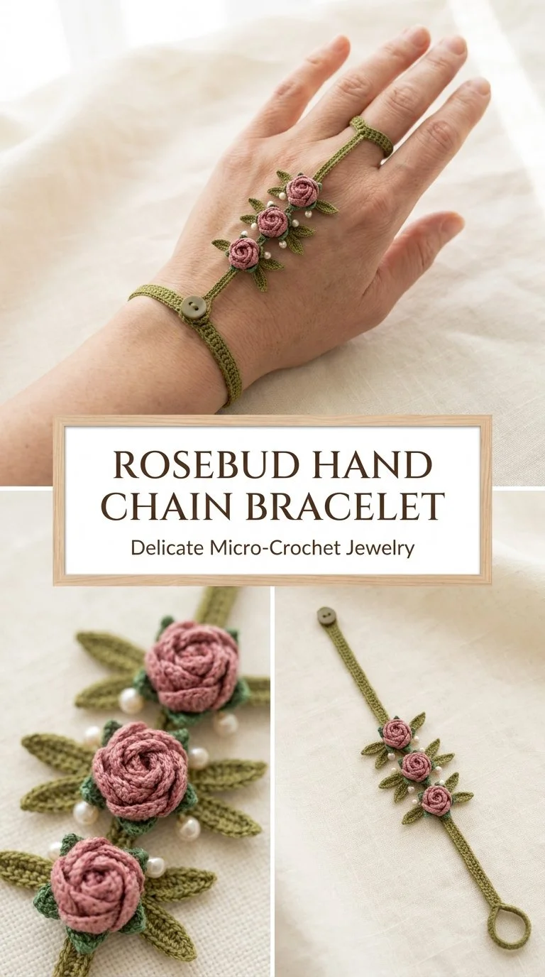 Crochet Rosebud Hand Chain Bracelet pattern design