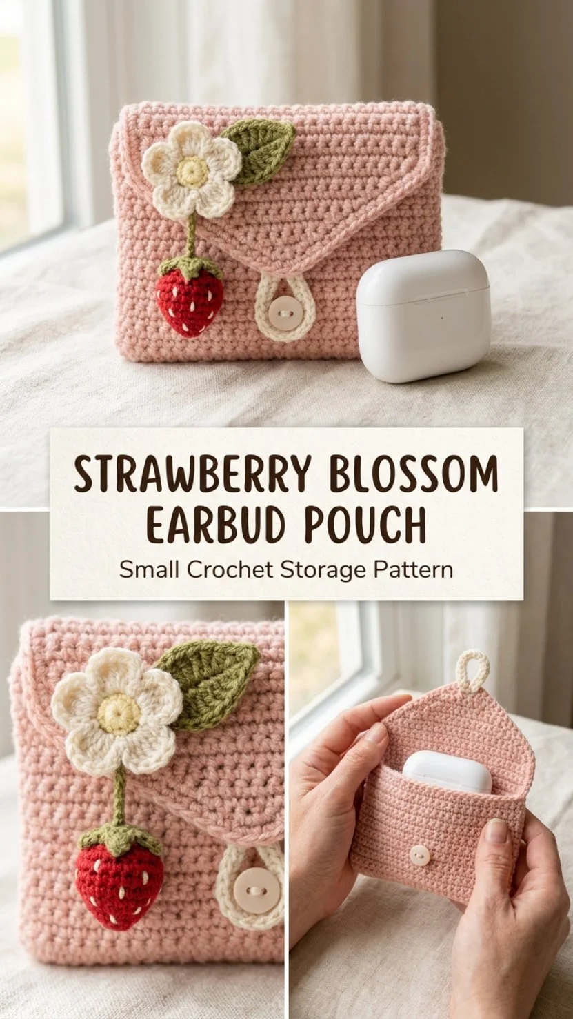 Crochet Strawberry Blossom Earbud Pouch for stylish earbud organization
