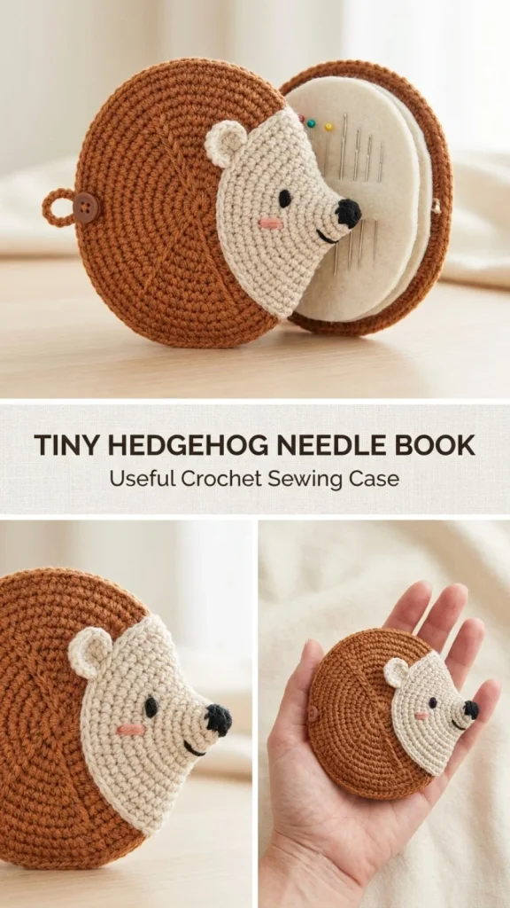Crochet tiny hedgehog needle book pattern showcasing cute hedgehog design