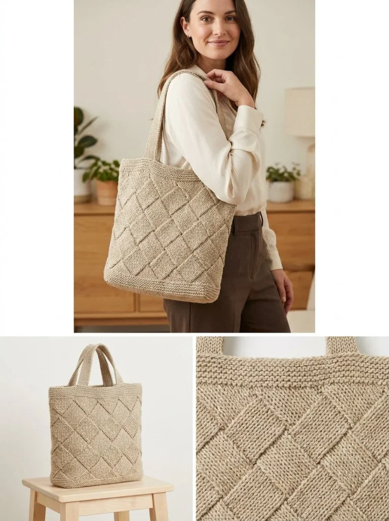 Diagonal basketweave knit tote pattern design for stylish knitting projects.