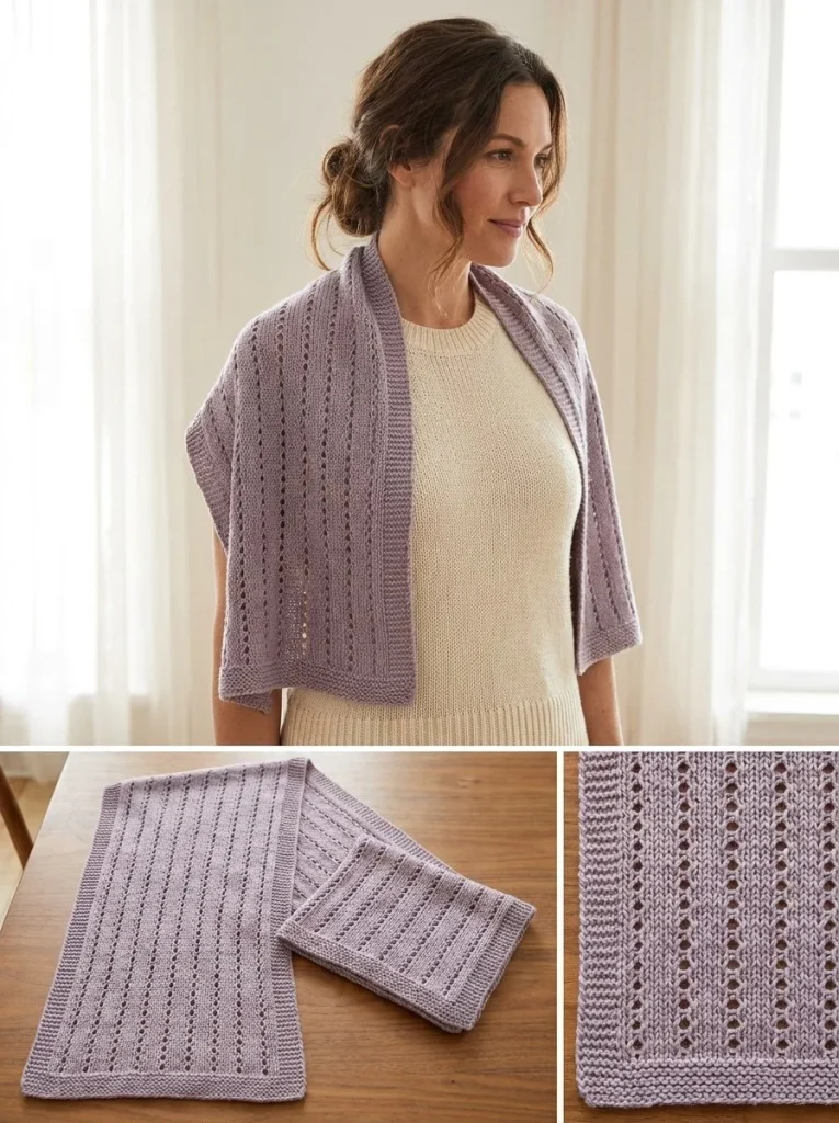 Hand-knit lace shoulder scarf showcasing intricate lace patterns in warm yarn.