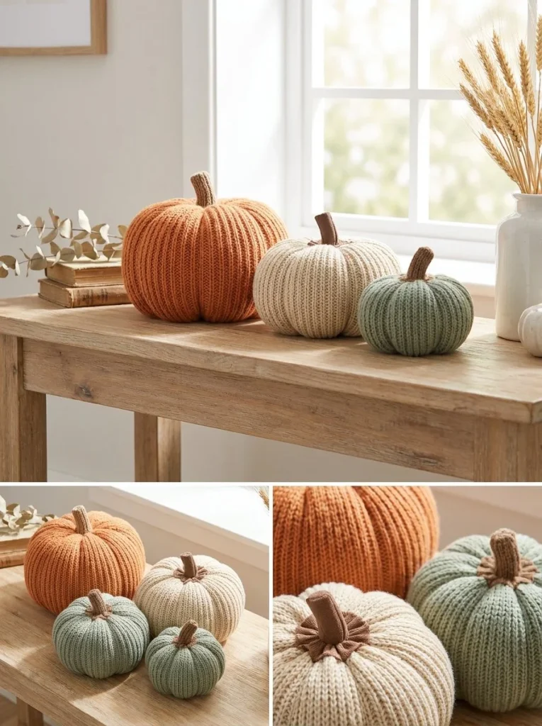 Easy flat-knit pumpkin trio pattern for fall decor