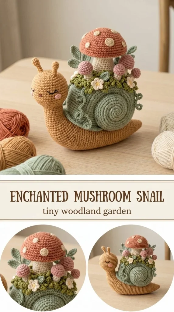 Whimsical Enchanted Mushroom Snail Amigurumi crochet figure