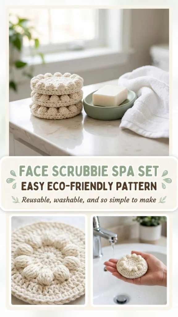 Easy eco-friendly crochet pattern for a face scrubbie spa set