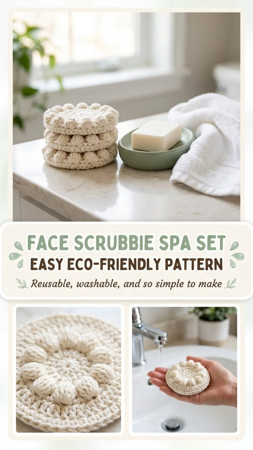 Easy eco-friendly crochet pattern for a face scrubbie spa set