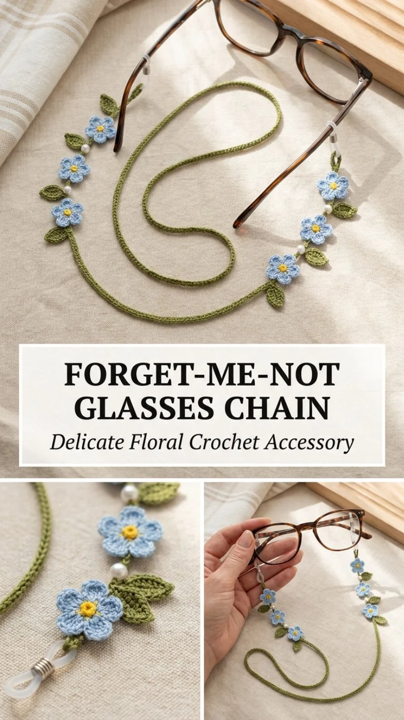 Forget-Me-Not glasses chain crochet pattern for stylish eyewear