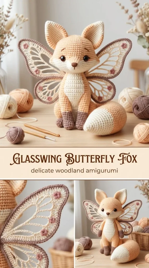 Handmade Glasswing Butterfly Fox Amigurumi toy in vibrant colors