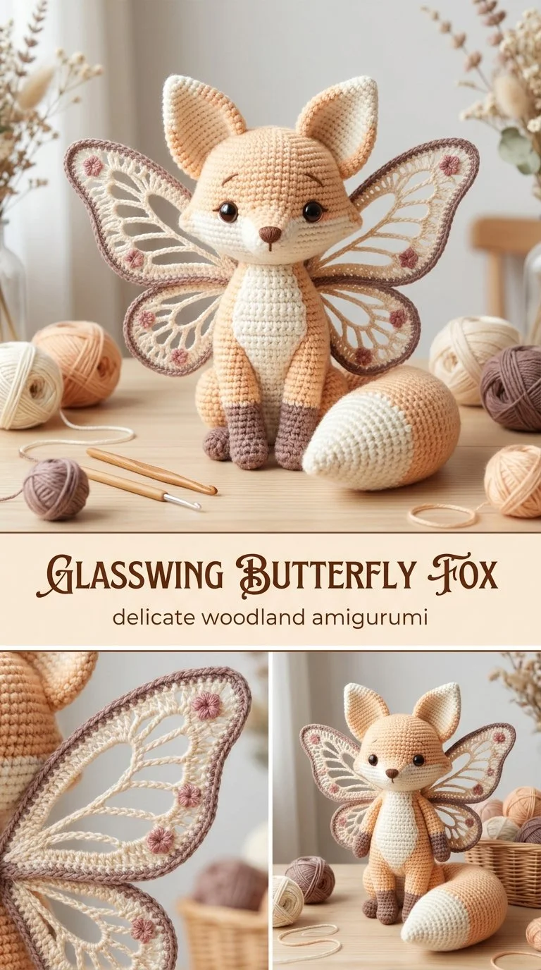 Handmade Glasswing Butterfly Fox Amigurumi toy in vibrant colors