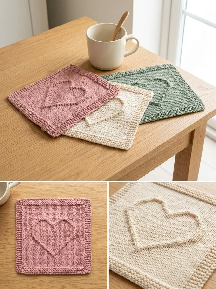 Heart Texture Dishcloth gift set knitting pattern with detailed instructions.