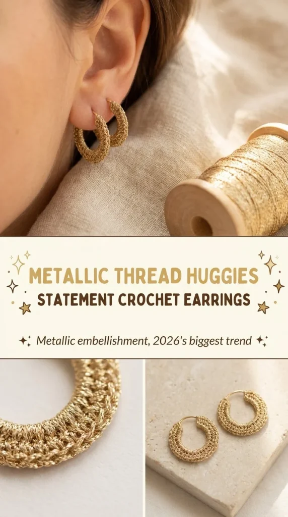 Metallic thread huggie earrings crochet jewelry pattern