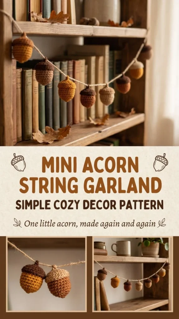 Mini Acorn String Garland crochet pattern for cozy home decor