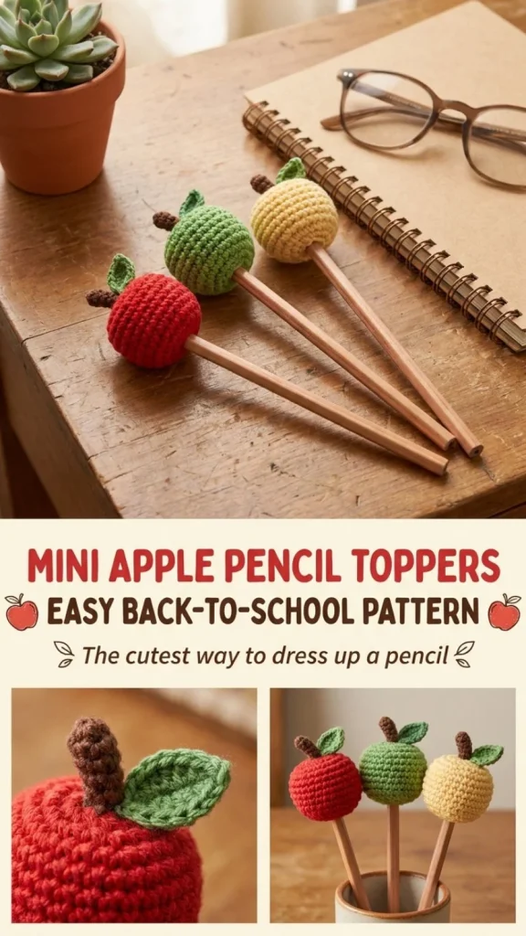Crochet pattern for a mini Apple Pencil topper set.