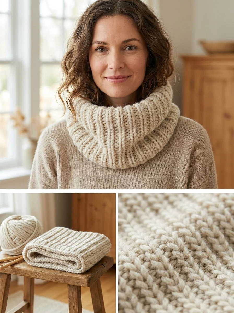 One-skein textured neck warmer in stylish design for chilly days.