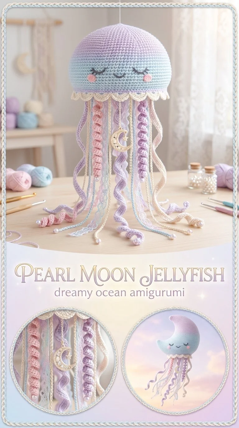 Handcrafted Pearl Moon Jellyfish Amigurumi in soft colors and textures