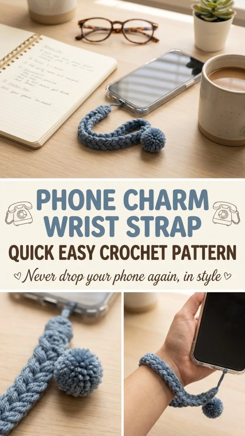 Quick and easy crochet pattern for a phone charm wrist strap.