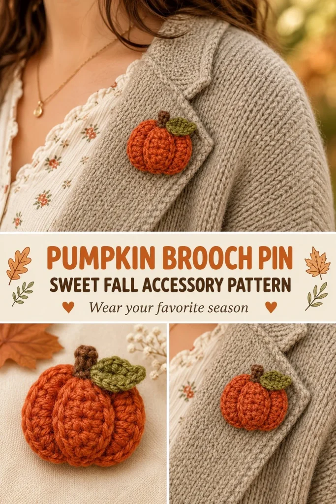 Pumpkin brooch pin crochet pattern for a sweet fall accessory
