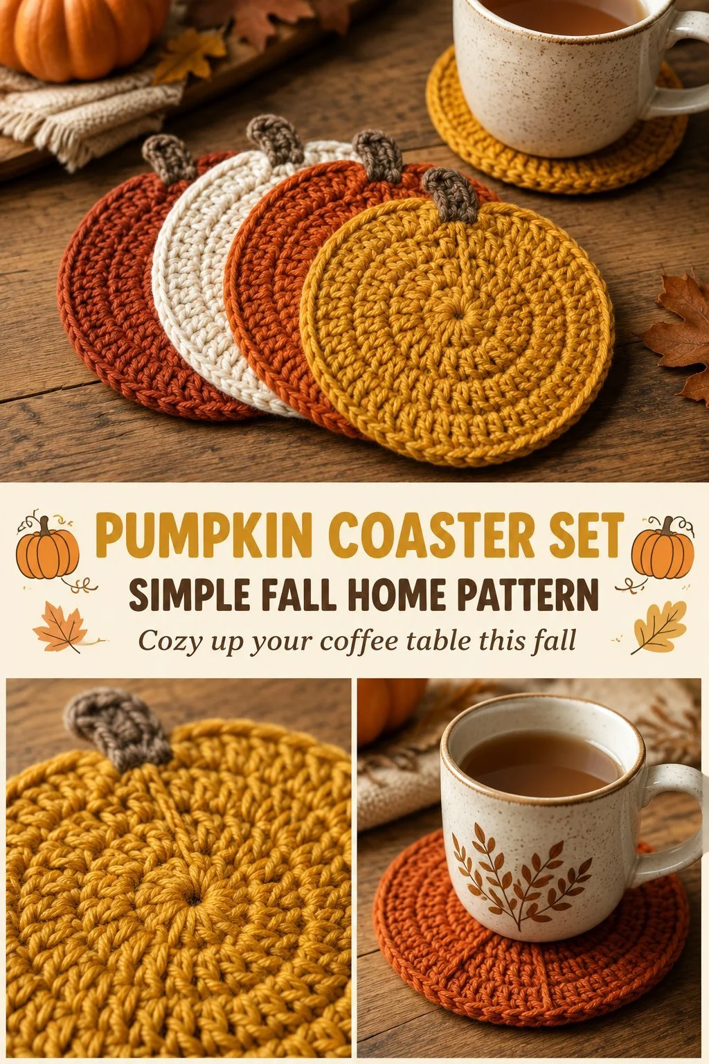 Simple fall pumpkin coaster crochet pattern for home decor