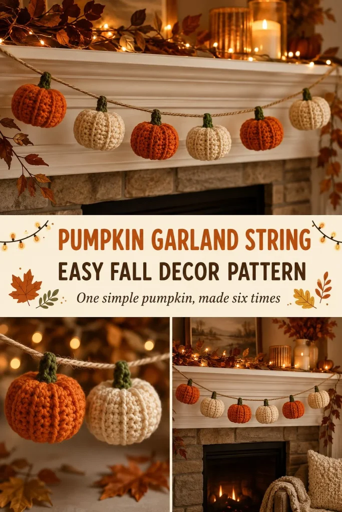 Crocheted pumpkin garland string for fall decoration