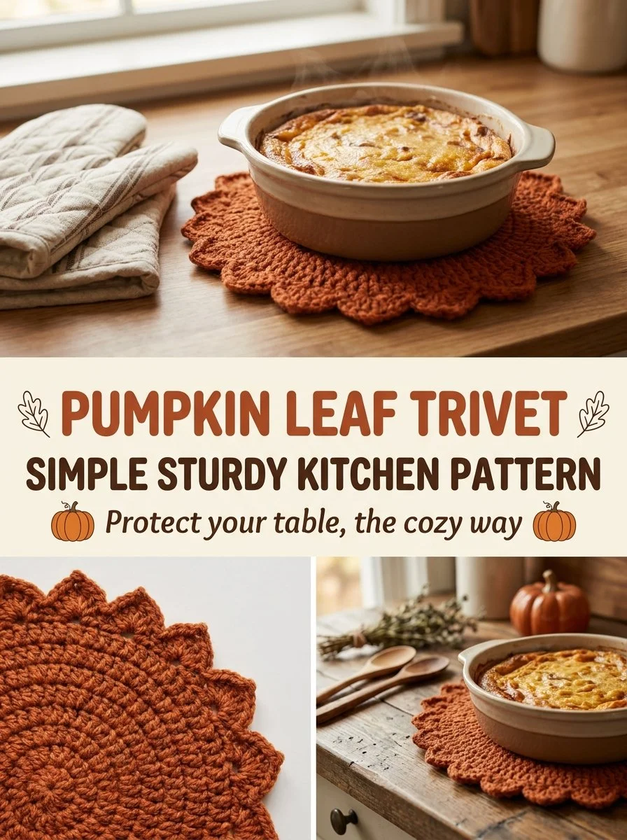 Crocheted pumpkin leaf trivet for kitchen decor