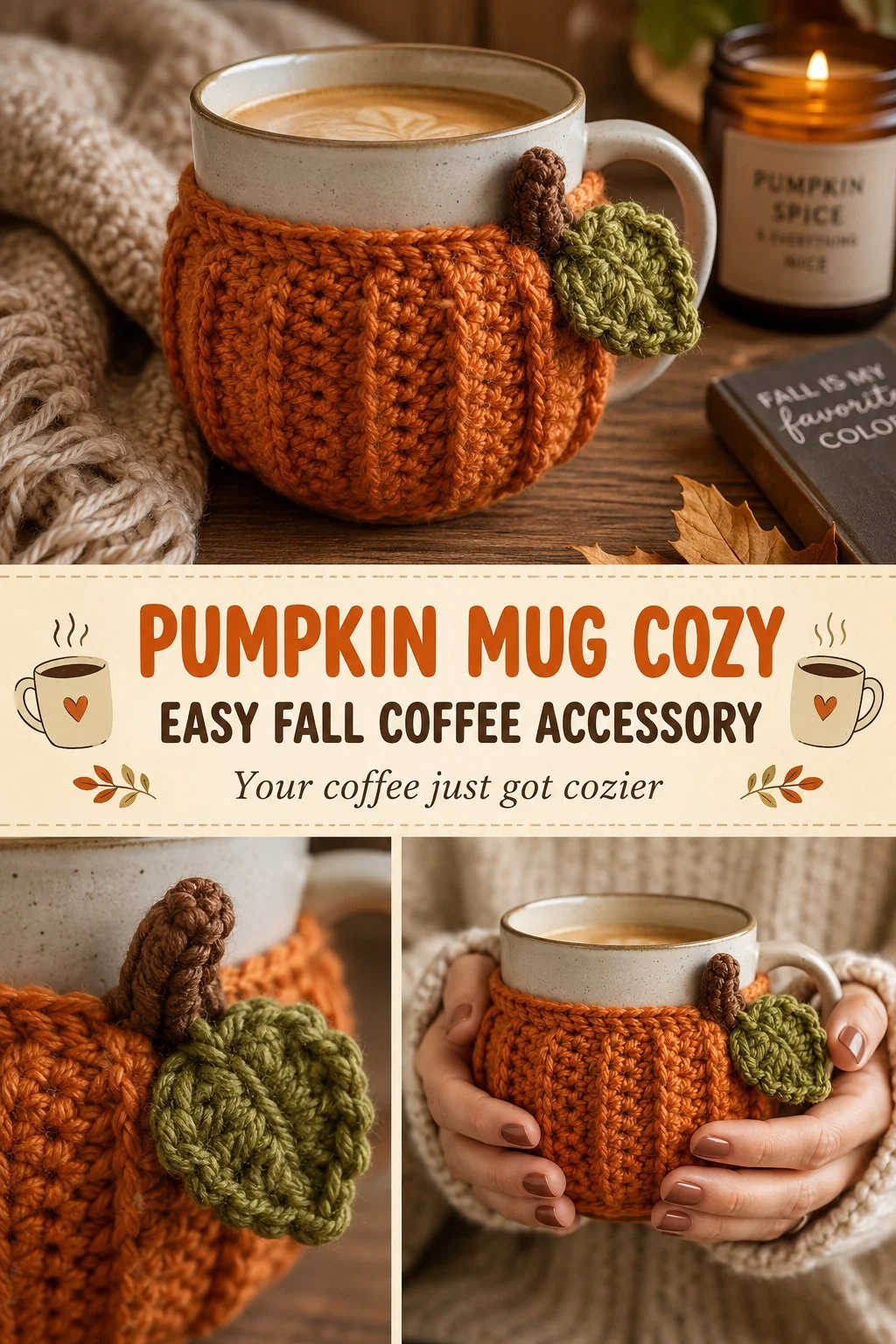 Crochet Pumpkin Mug Cozy for fall coffee accessories
