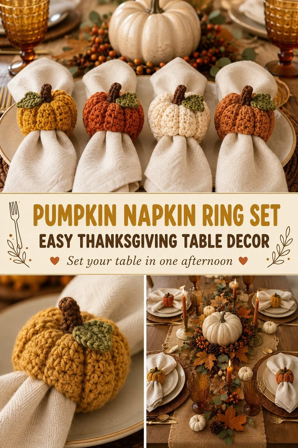 Crochet pumpkin napkin rings on a beautifully set Thanksgiving table