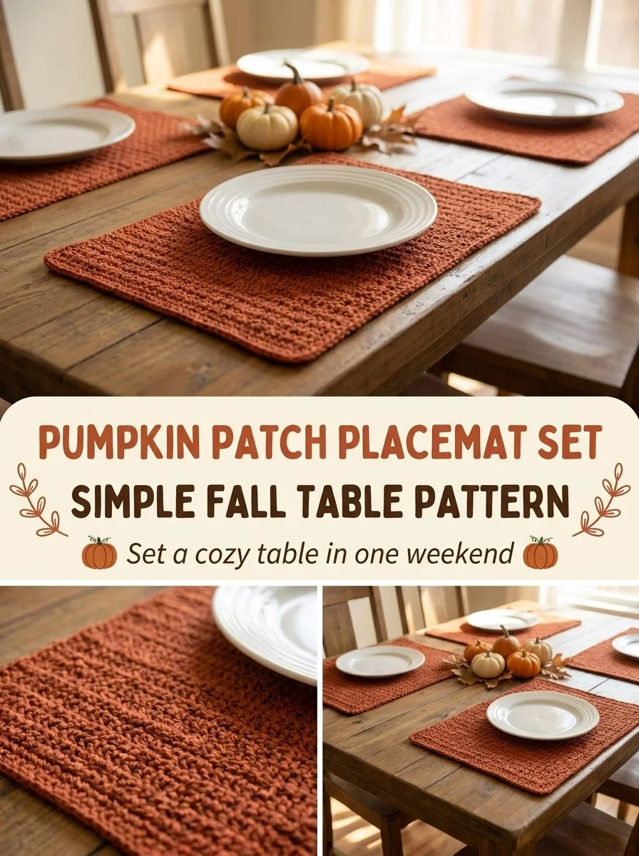 Crocheted Pumpkin Patch Placemat Set for fall table decor