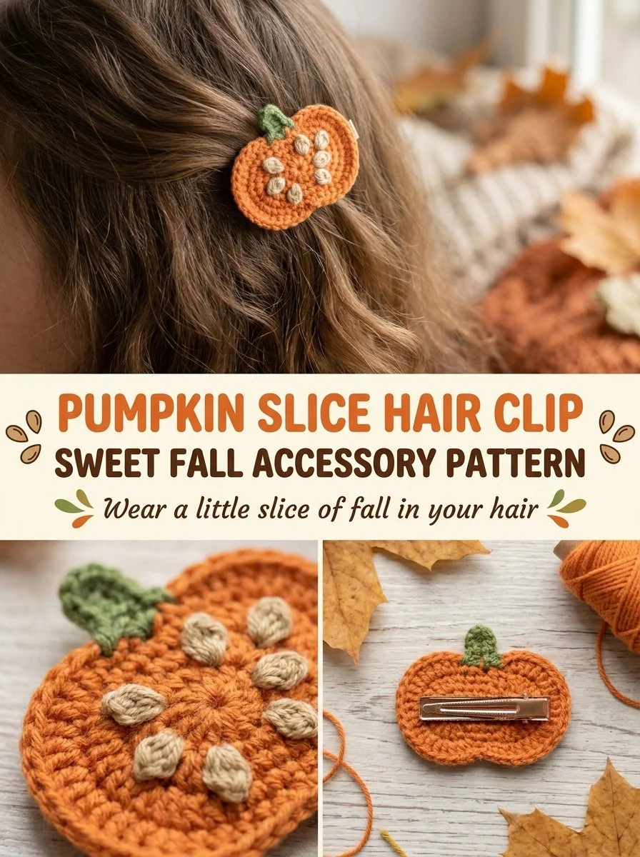 Crochet pumpkin slice hair clip pattern for a cute fall accessory