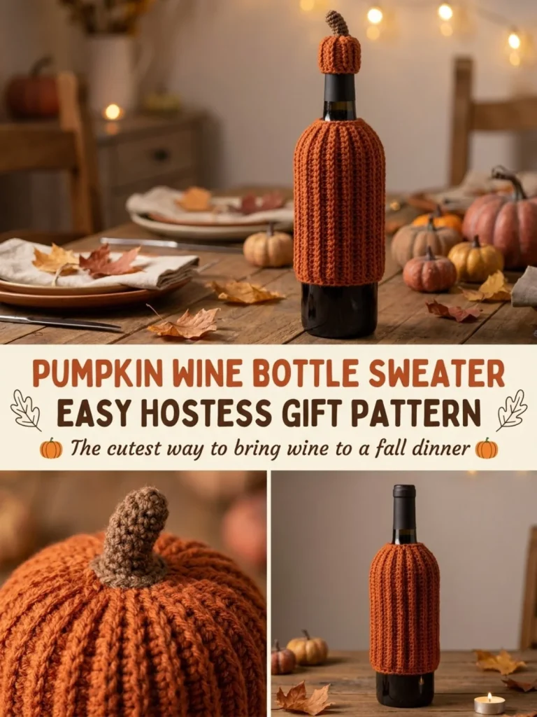 Pumpkin wine bottle sweater cover crochet pattern for easy hostess gifts
