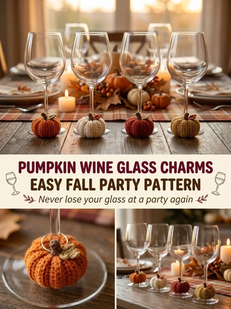 Crochet Pumpkin Wine Glass Charm Set for festive autumn celebrations