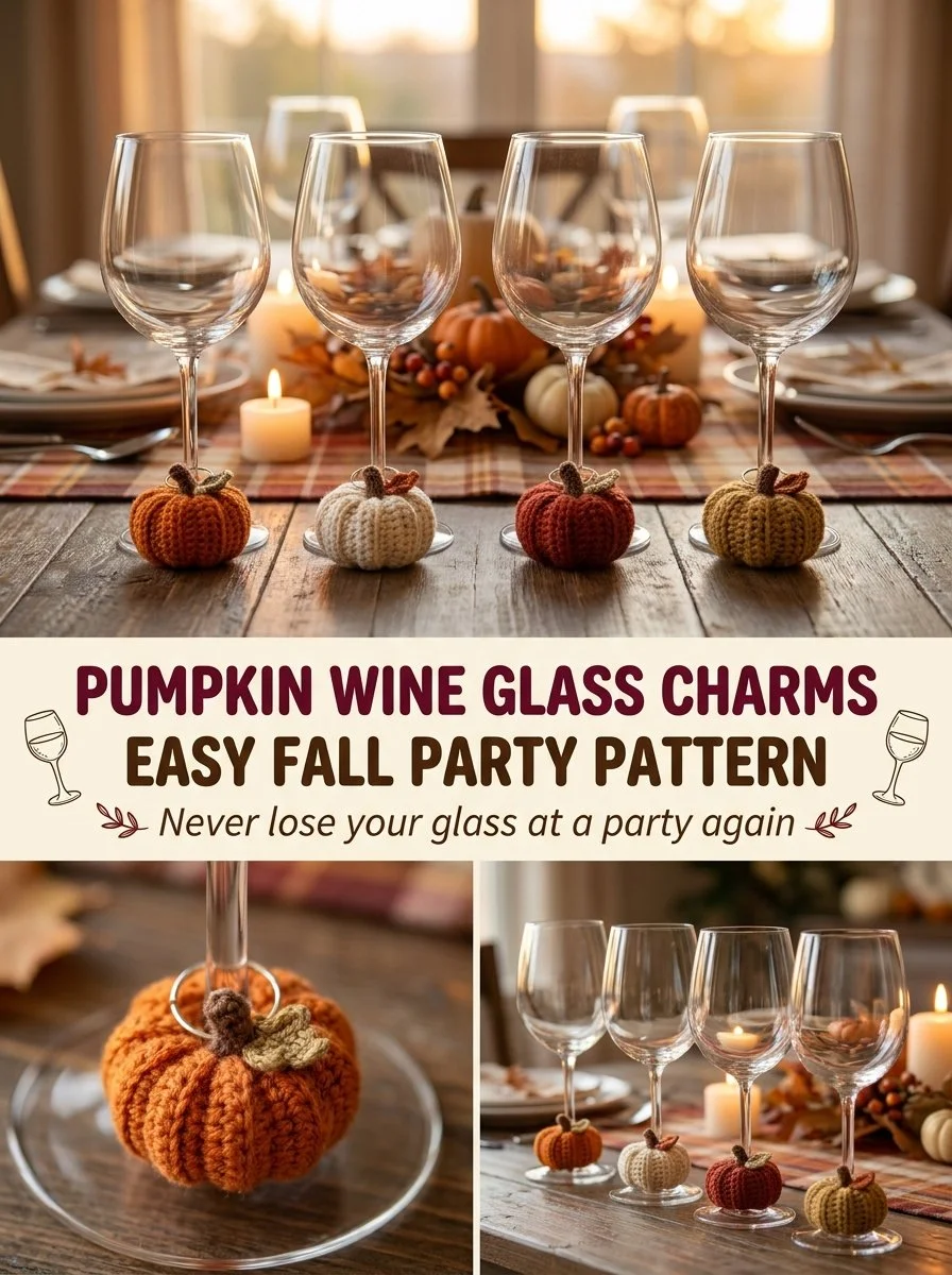 Crochet Pumpkin Wine Glass Charm Set for festive autumn celebrations