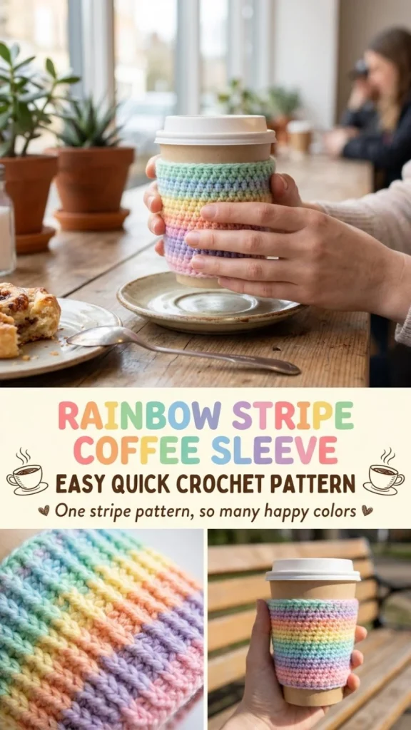 Rainbow stripe coffee cup sleeve crochet pattern for a vibrant, eco-friendly accessory.