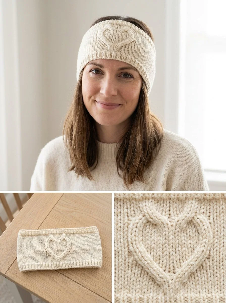 Knitted Raised Heart Cable Ear Warmer Pattern for Winter Accessories