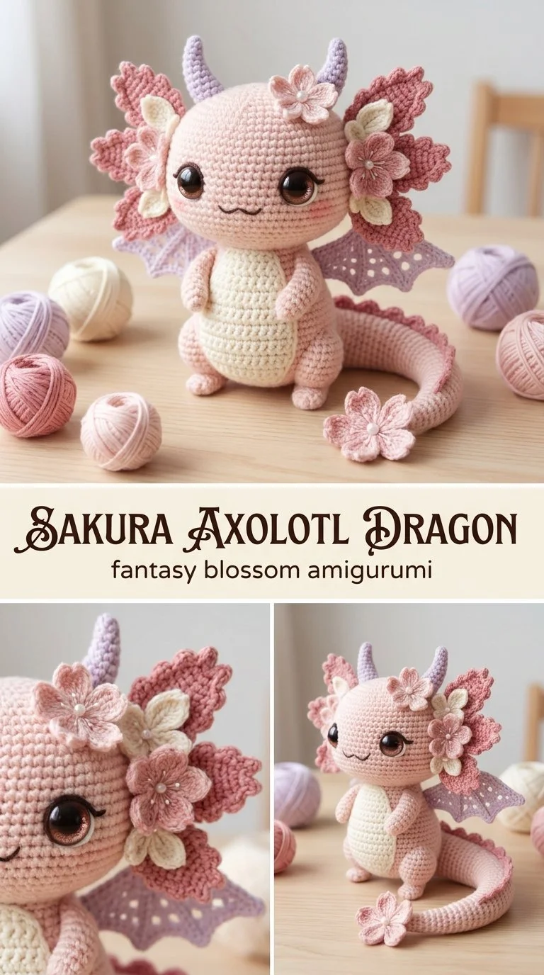 Sakura Axolotl Dragon Amigurumi - colorful plush toy design