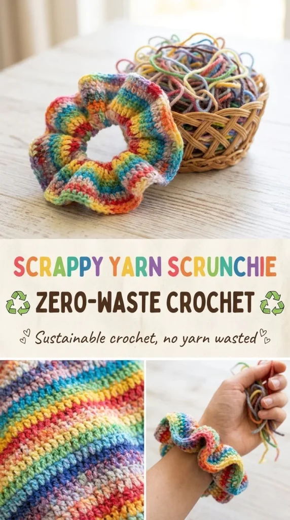 Zero-waste crochet scrunchie made from scrappy yarn for sustainable fashion