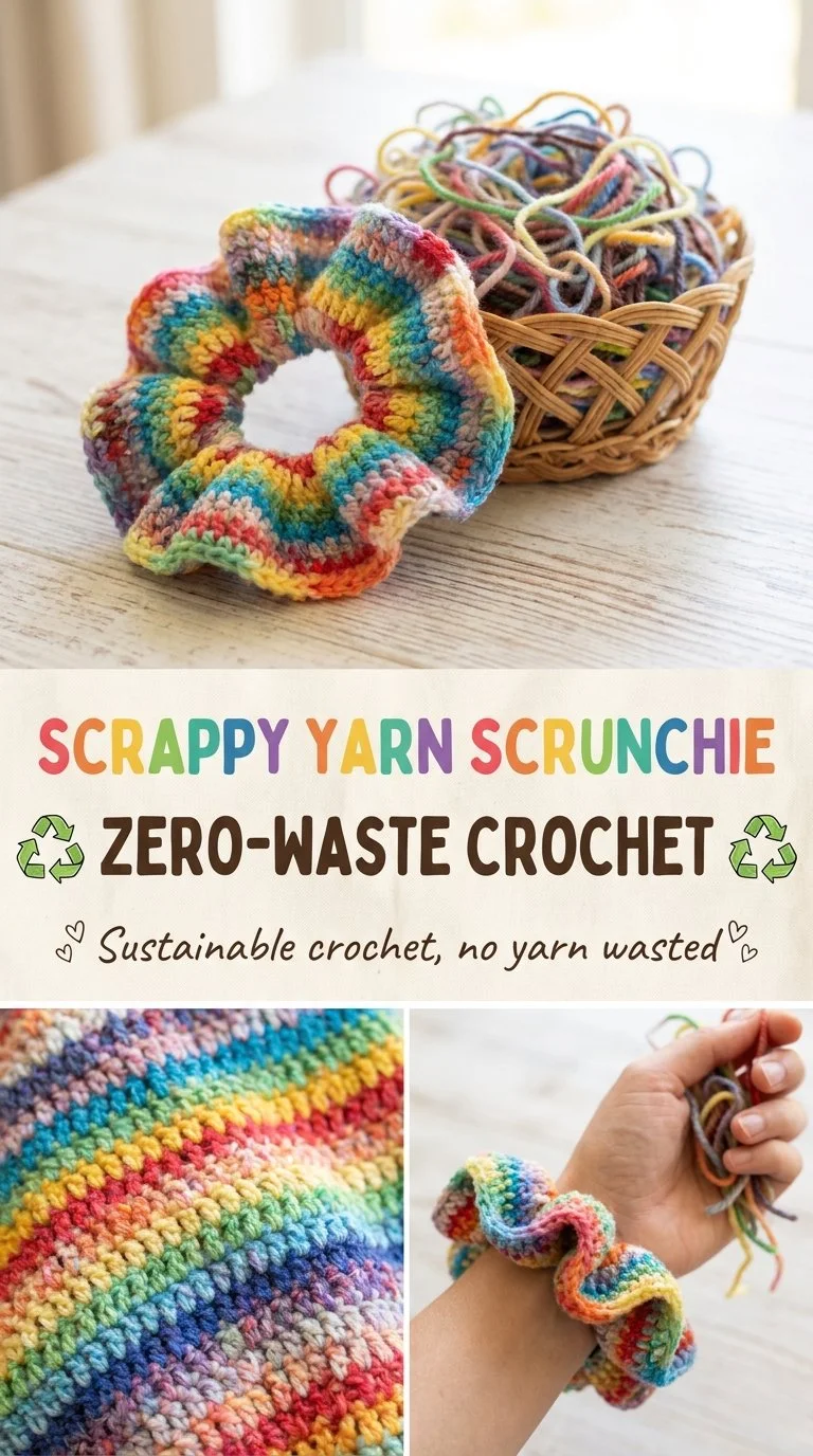 Zero-waste crochet scrunchie made from scrappy yarn for sustainable fashion