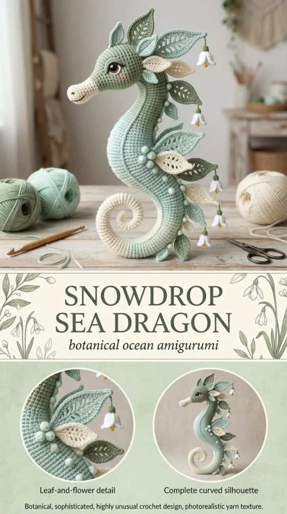 Snowdrop Leafy Sea Dragon Amigurumi crocheted toy in vibrant colors